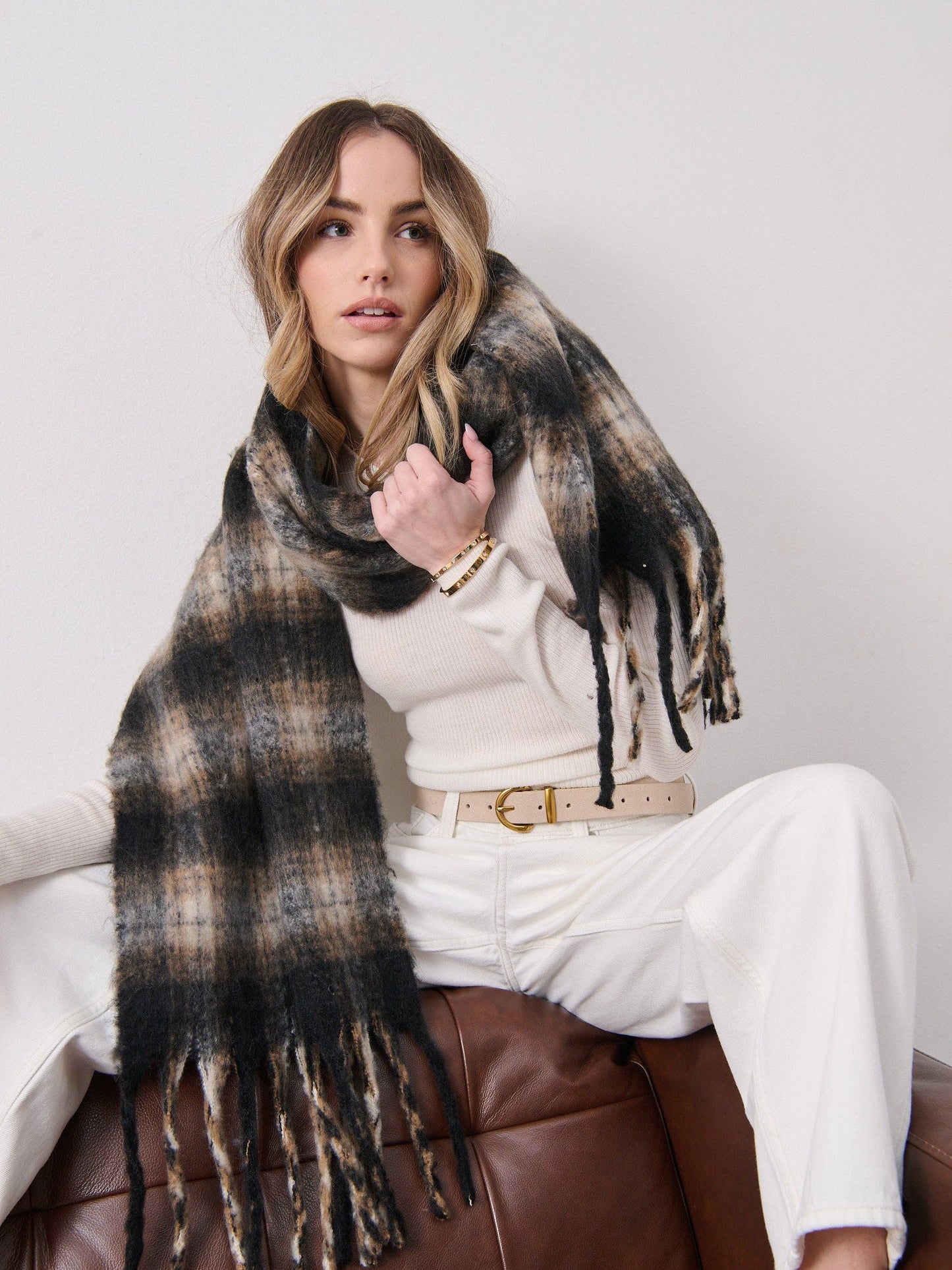 Elena Checkered Fluffy Scarf in Black