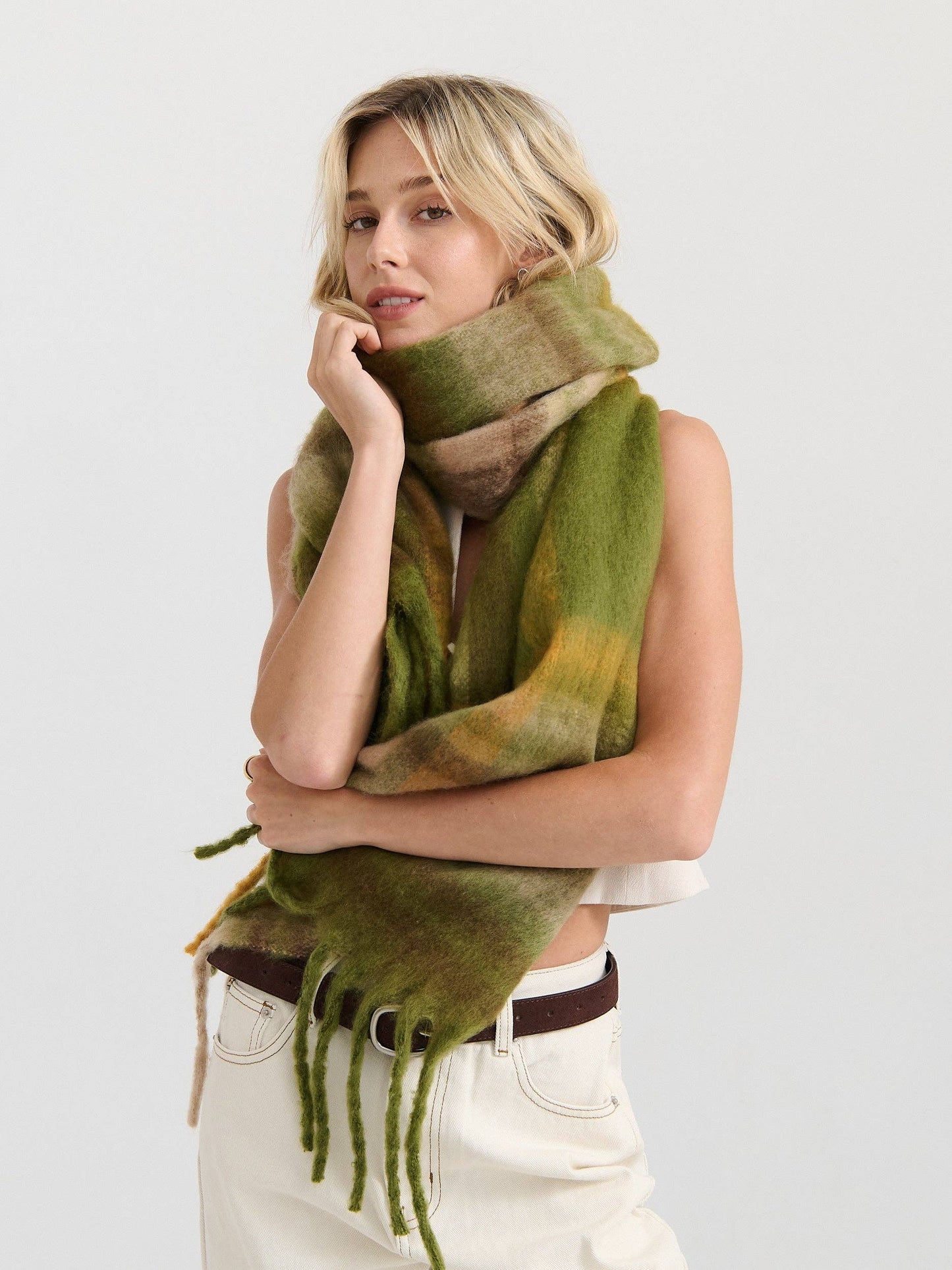 Matcha Checkered Fluffy Scarf