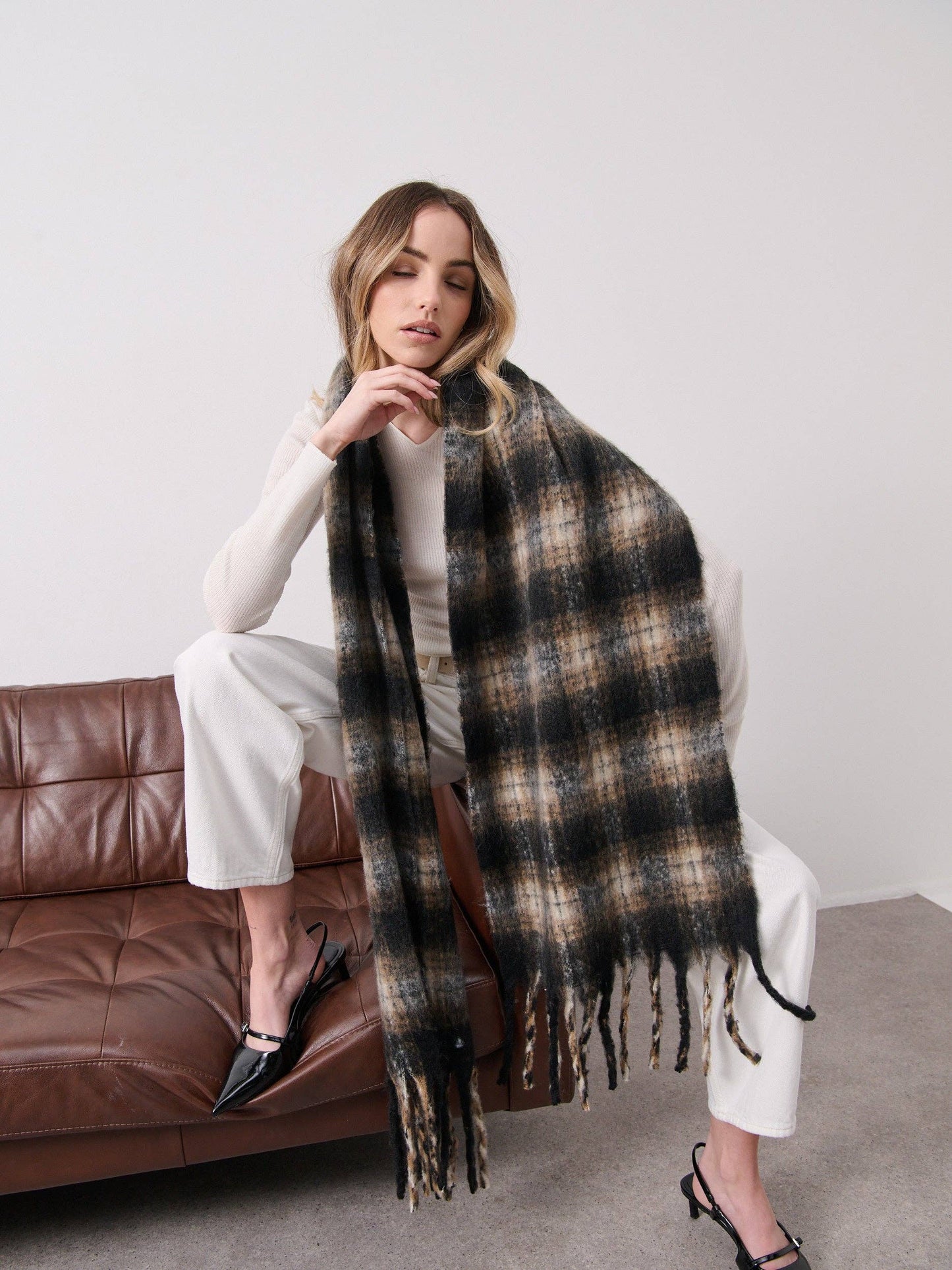 Elena Checkered Fluffy Scarf in Black