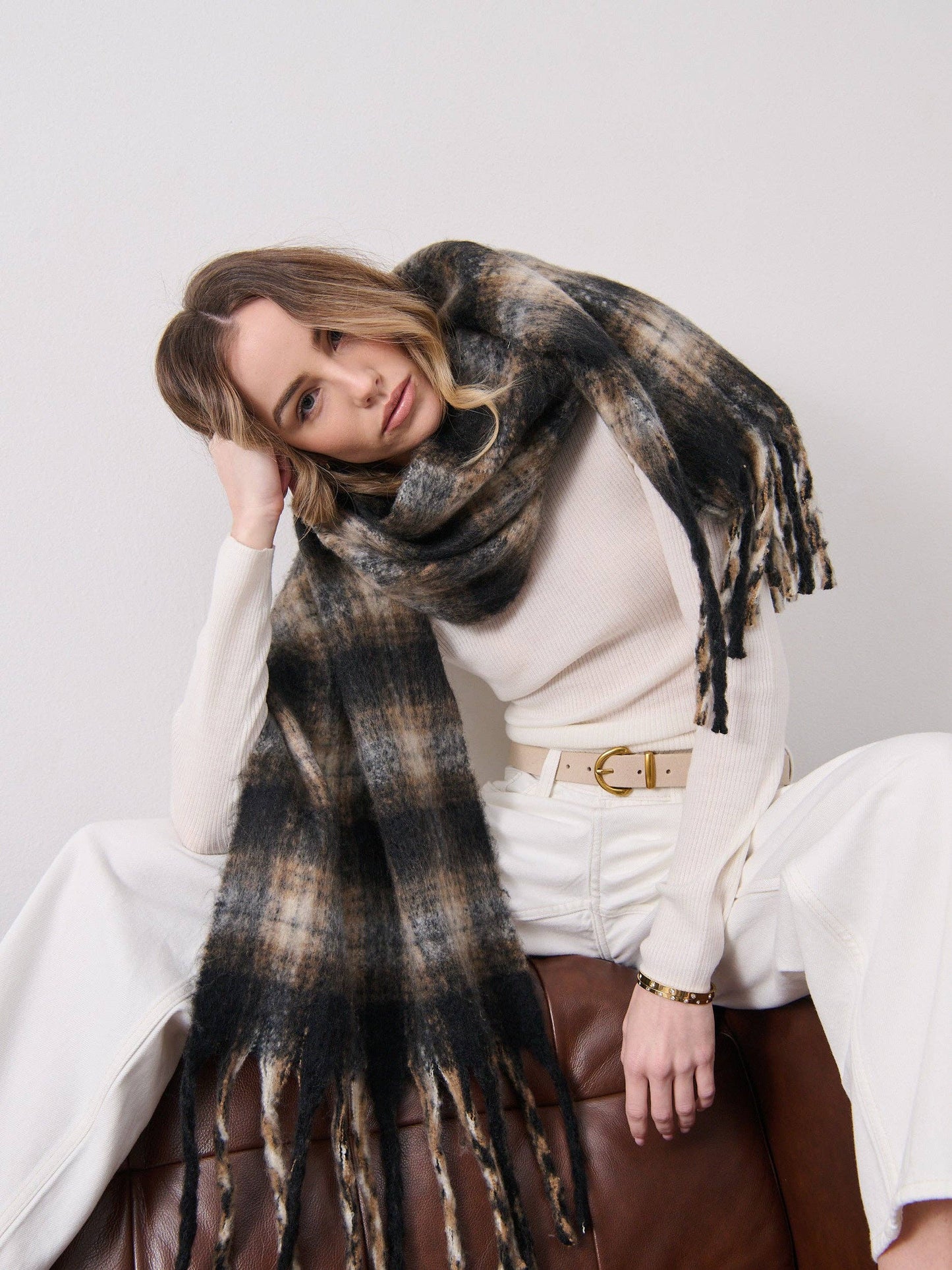 Elena Checkered Fluffy Scarf in Black