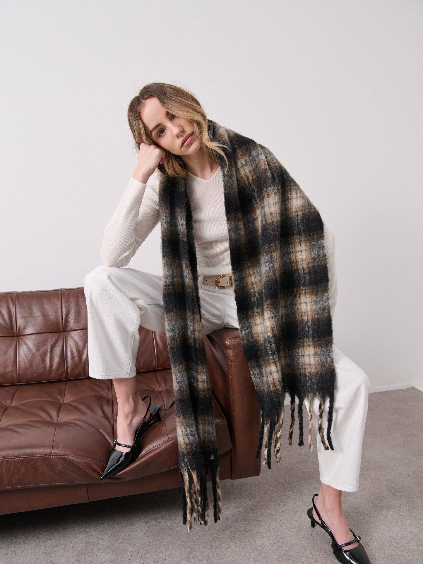 Elena Checkered Fluffy Scarf in Black