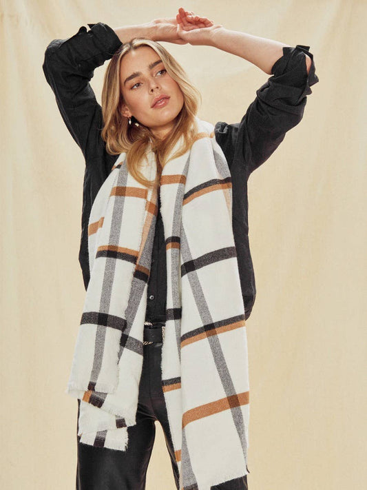 Multi Plaid Frayed Ends Scarf White