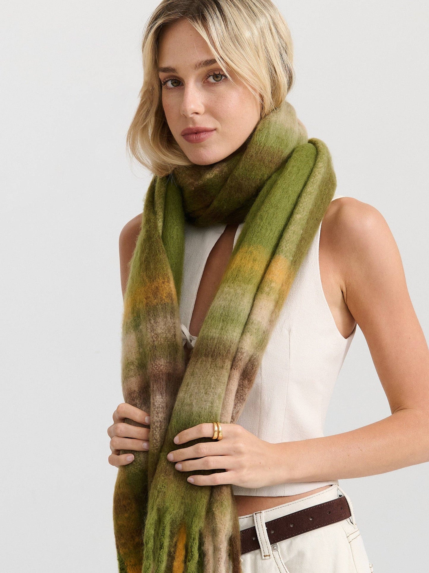 Matcha Checkered Fluffy Scarf