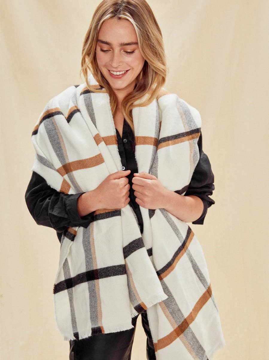 Multi Plaid Frayed Ends Scarf White