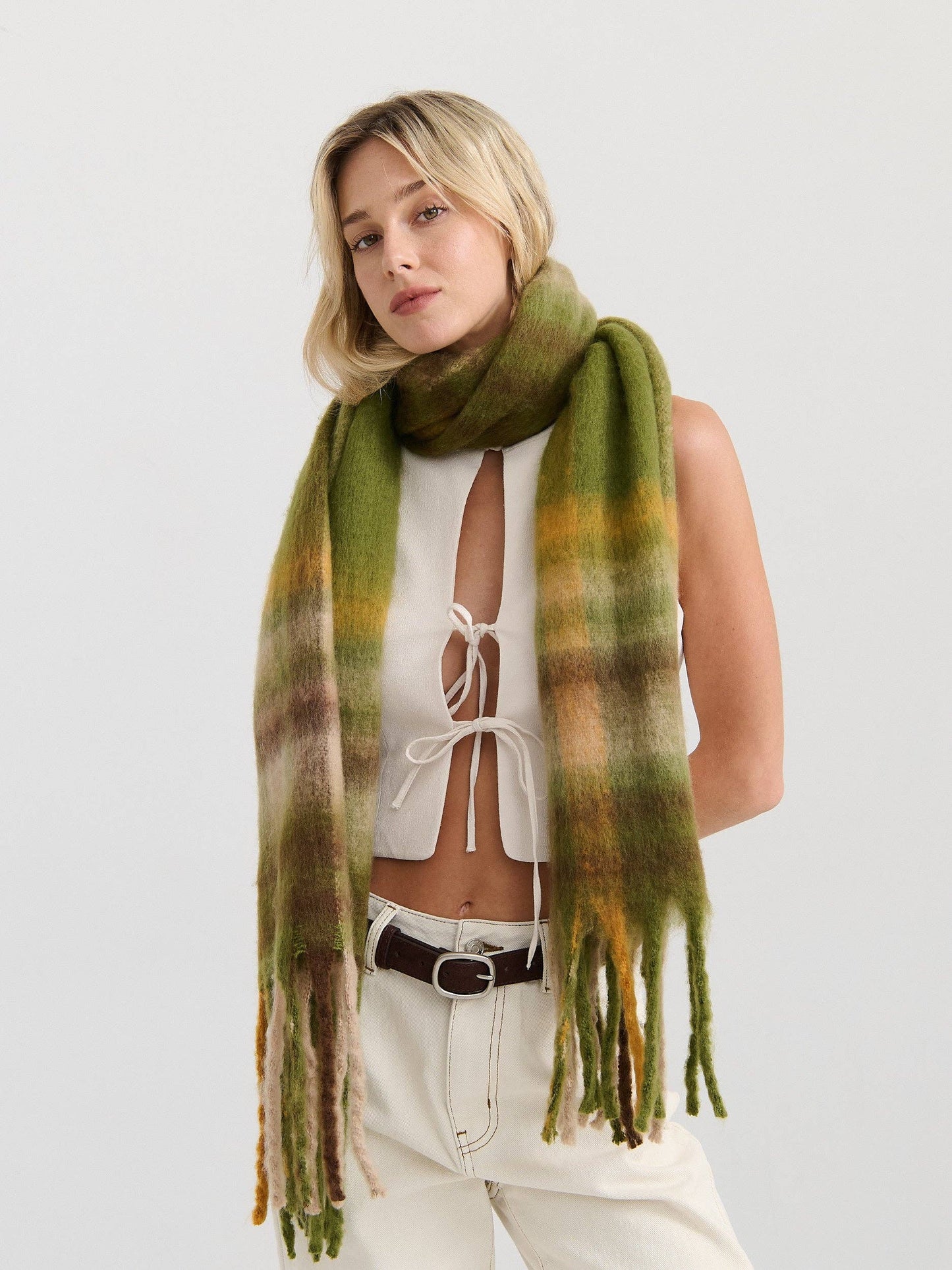 Matcha Checkered Fluffy Scarf