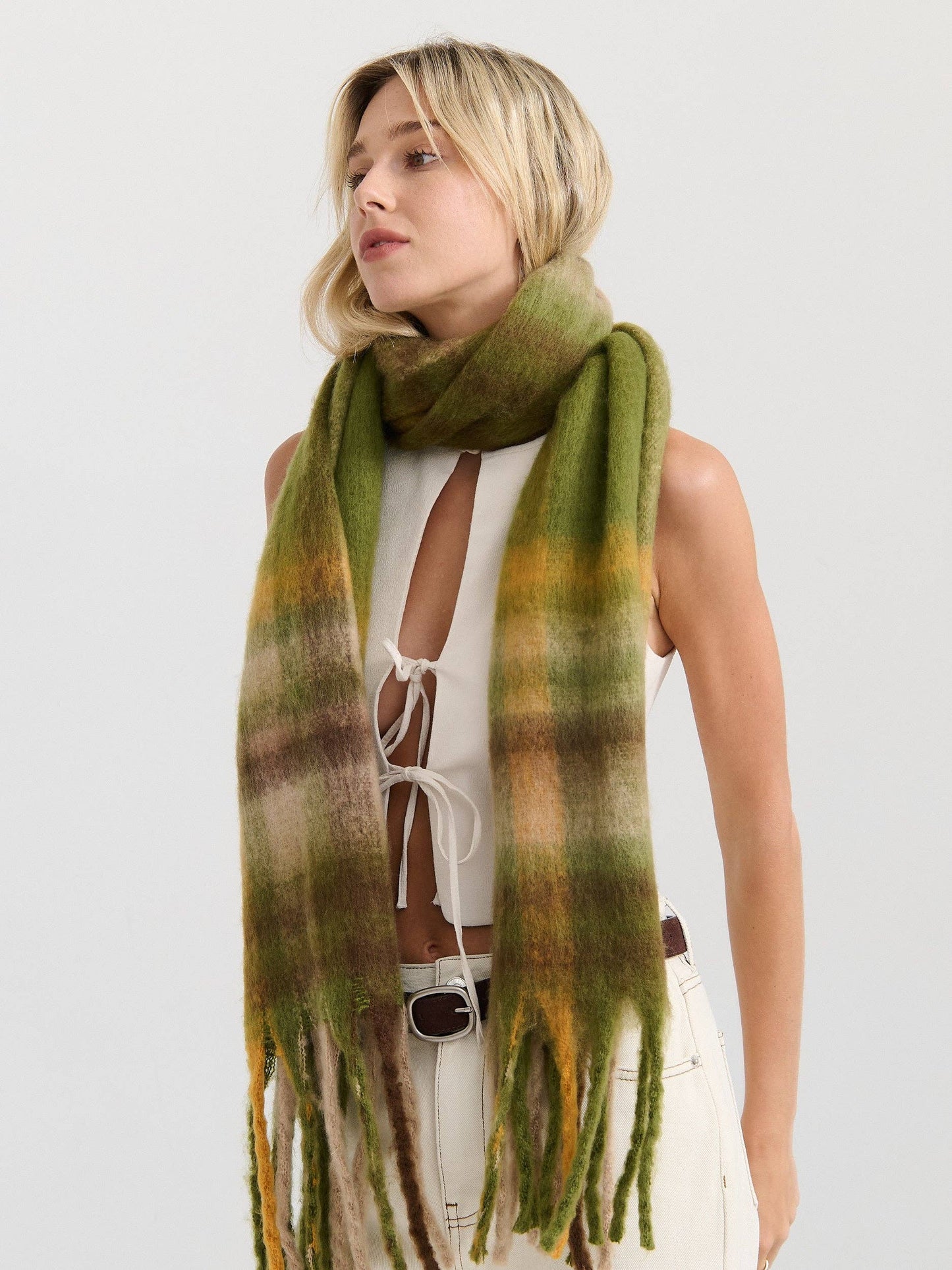 Matcha Checkered Fluffy Scarf