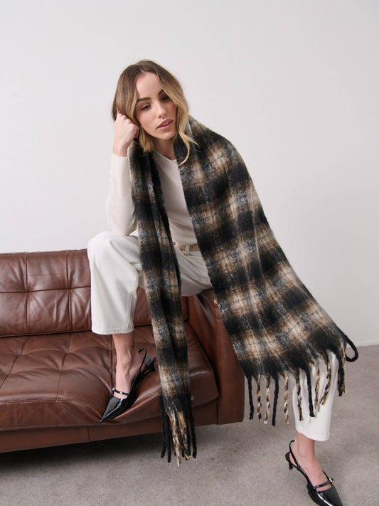 Elena Checkered Fluffy Scarf in Black